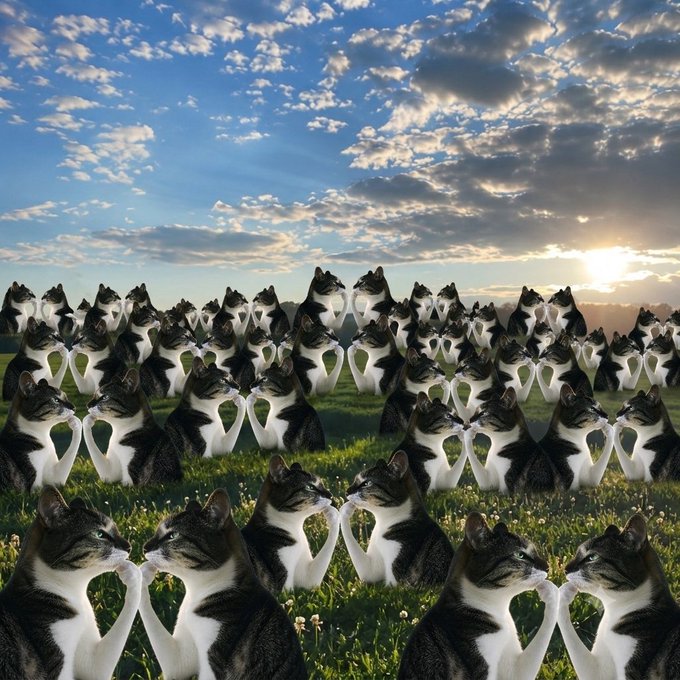 A whimsical, AI-generated landscape showing dozens of black and white cats arranged in a field, with pairs of cats forming heart shapes with their paws against a sunset sky.