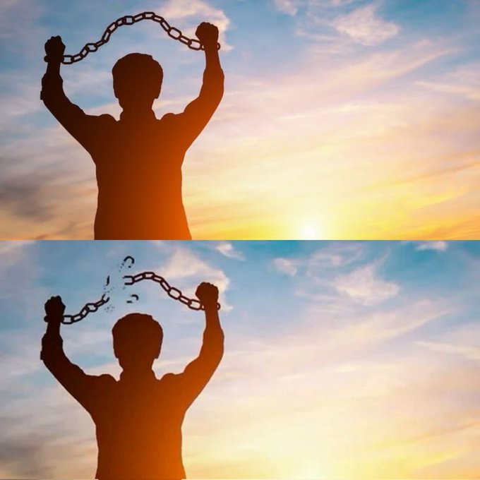 A two-panel image showing a silhouette of a person breaking chains against a sunset sky, with the bottom panel depicting the chains already broken and falling away.