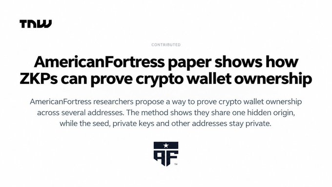A TNW (The Next Web) article titled "AmericanFortress paper shows how ZKPs can prove crypto wallet ownership," describing how researchers propose a method to prove ownership across multiple addresses while keeping seeds and private keys private.