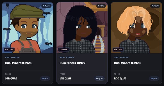 Three character listings for 'Quai Miners' (#3925, #1477, #3928) priced at 162, 172, and 200 QUAI respectively, showing pixel art portraits.