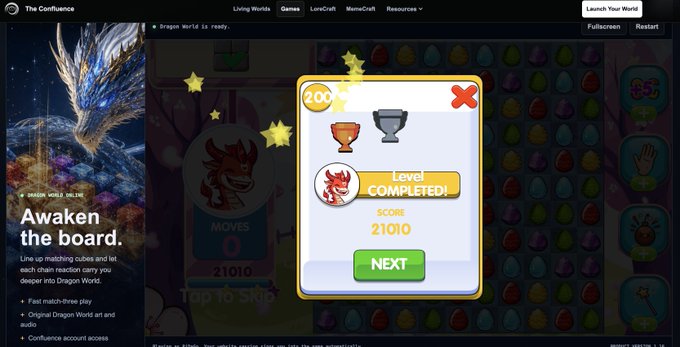 A "Level Completed!" screen displays a score of 21010 and a "20" achievement badge, celebrating the player's success in the Dragon World match-three game. The interface aligns with the post's celebration of "Wake the Dragon!" and "#SmashIt" gameplay in Dragon World.