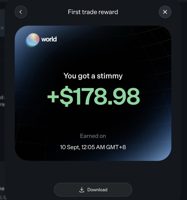 A "First trade reward" notification from World shows the user received a $178.98 bonus ("stimmy"), serving as visual proof of earnings from the World.xyz prediction platform referenced in the post.
