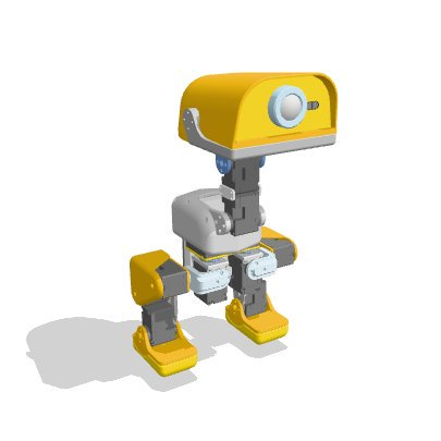 A small, stylized 3D model of a yellow and grey bipedal robot stands on a white surface.
