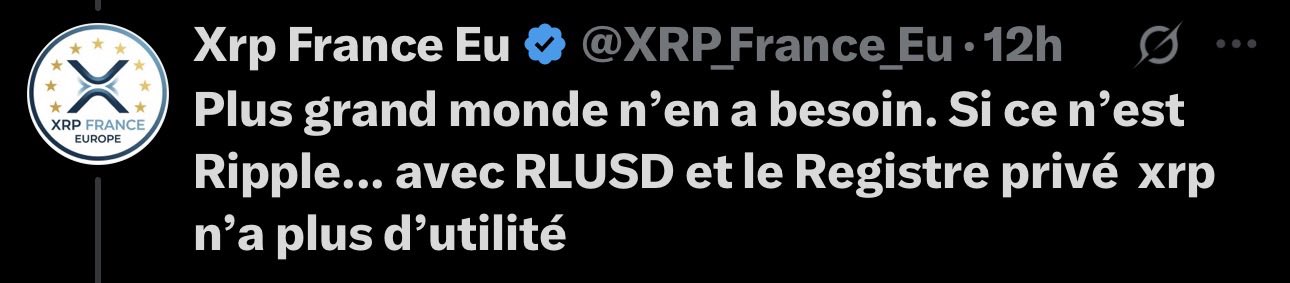 A Twitter/X post from 'Xrp France Eu' (@XRP_France_Eu) in French discussing Ripple and RLUSD, stating that XRP no longer has utility with the private registry.