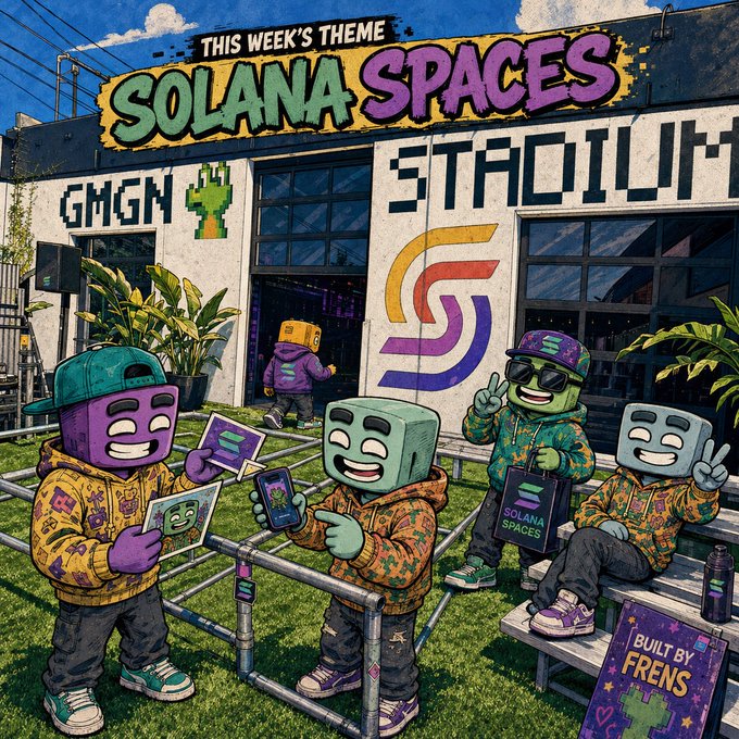 A vibrant street-art-style illustration promoting the "Frens Factory Art Contest" with this week's theme "Solana Spaces," featuring block-headed characters wearing branded hoodies holding art prints and a sign reading "Built by Frens" alongside Solana's signature logo and "STAQUIUM" storefront text, visually tying the Frens Factory × Solana Spaces collaboration.