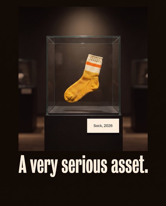 A single yellow sock with orange stripes is displayed in a glass museum-style case with a label reading "Sock, 2026," captioned "A very serious asset." The image humorously elevates an ordinary sock to the status of a prized collectible, reinforcing the post's message that Sock treats even single-pair token launches as legitimate, valuable asset classes on its platform.