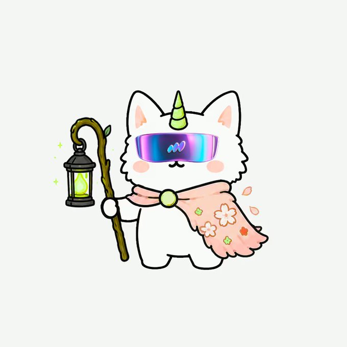 A cute cartoon illustration of a white unicorn cat wearing rainbow sunglasses and a pink floral scarf, holding a wooden staff with a glowing lantern.