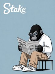 The image features a cartoon gorilla wearing a white shirt and khakis, sitting and reading a newspaper, with "Stake" branding visible in the top left corner. This relates to the post's promotion of Stake, highlighting a dramatic crypto-style win from $3,000 to $17,000 on the platform.