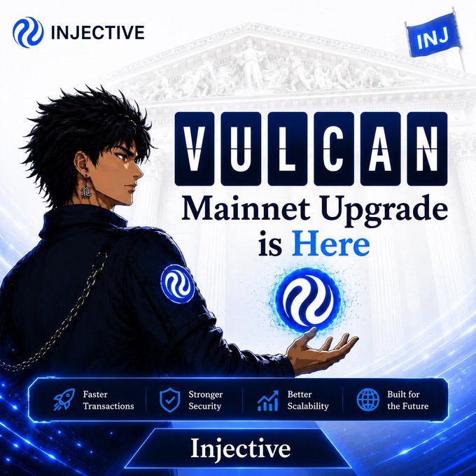 The image features a man standing next to a building, holding a blue ball above his head. The text "injective" is written at the top of the image, while "Vulcan" is displayed below him. The main focus of the image is on the man and the ball he's holding.