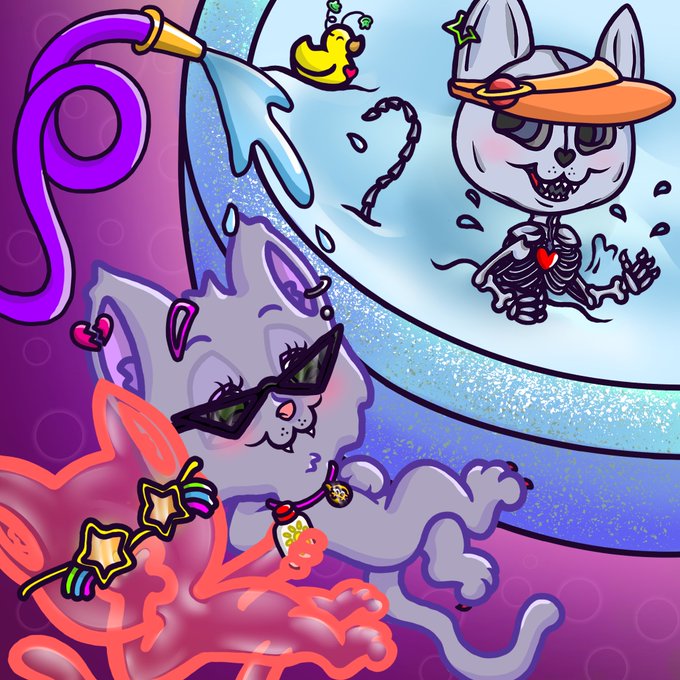 A colorful digital artwork featuring cartoon animal characters including a cat in a sunhat with a skeleton body, a duck, and a cat wearing sunglasses with star accessories.