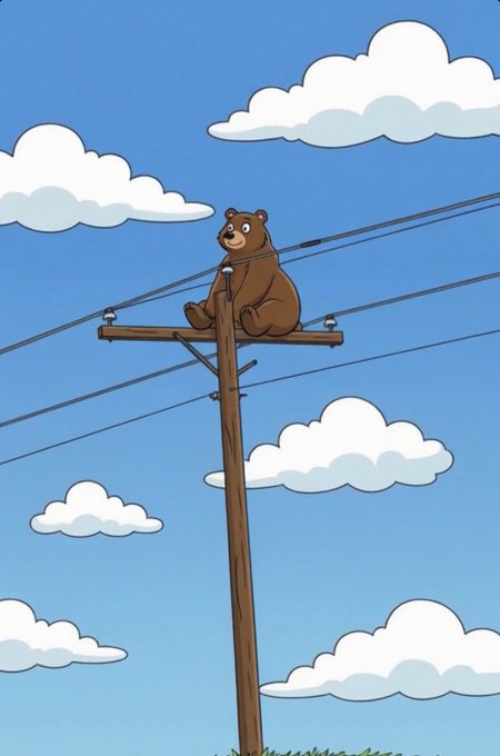 A cartoon brown bear sits perched atop a wooden telephone pole against a blue sky dotted with fluffy white clouds, illustrating the "Bear On Pole" meme referenced in the accompanying Pumpfun post about the token with ticker "BOP."