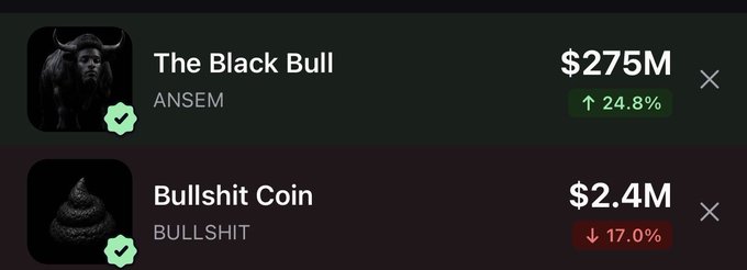 The image displays a price comparison chart showing "The Black Bull" (ANSEM) valued at $275M with a +24.8% gain, and "Bullshit Coin" (BULLSHIT) valued at $2.4M with a -17.0% decline, both marked with verified checkmarks. The visual supports the post's claim that Bullshit Coin is undervalued relative to its ANSEM counterpart, suggesting a potential "massive repricing" upward for BULLSHIT given the large market cap disparity between the two tokens.