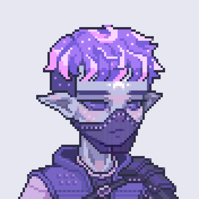 A pixel art portrait of a purple-skinned character with pink and purple hair, wearing a purple outfit against a light background.