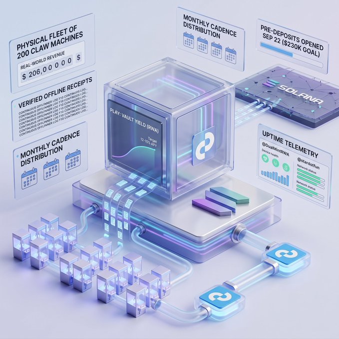 A futuristic 3D infographic for SOLAR/MiniRWA showing physical fleet of 200 claw machines with $206,000 real-world revenue, verified offline receipts, monthly cadence distribution, pre-deposits opened Sep 22, and uptime telemetry.