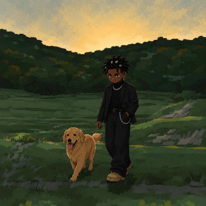 A digital illustration in an anime style showing a young person with dark dreadlocks, wearing a black outfit and chain, walking with a golden retriever dog in a grassy field at sunset.