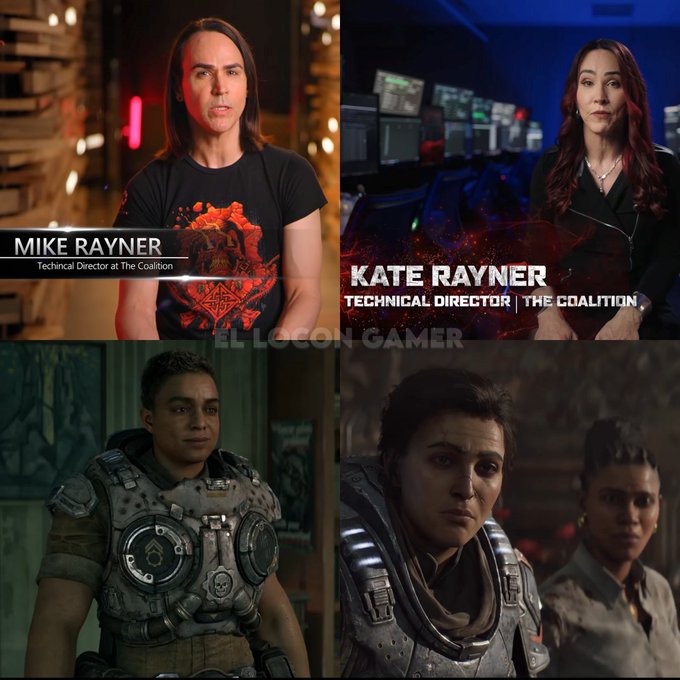 A four-panel promotional image featuring 'MIKE RAYNER' and 'KATE RAYNER', identified as Technical Directors at The Coalition, alongside two screenshots from a video game showing characters in armored suits.