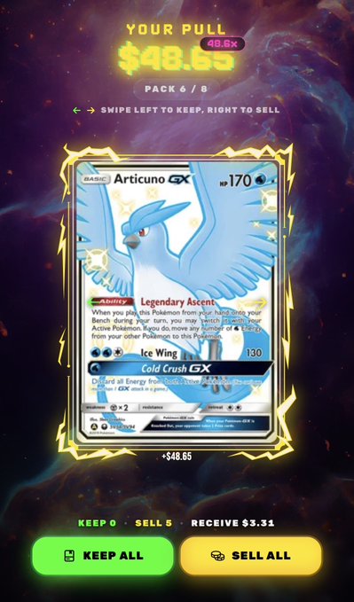 A screenshot from a mobile card-selling app shows a pack-pull reward of $48.65 displaying a holographic "Articuno GX" card, with green "KEEP ALL" and yellow "SELL ALL" buttons at the bottom.
