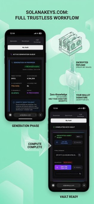 The image shows two cell phones, one displaying a detailed breakdown of the full trustless workflow for generating a new virtual currency (Solana) and another showing the wallet's security features. The first phone displays step-by-step instructions on how to generate Solana, while the second phone highlights the wallet's security measures such as zero-knowledge delivery and fast computing.