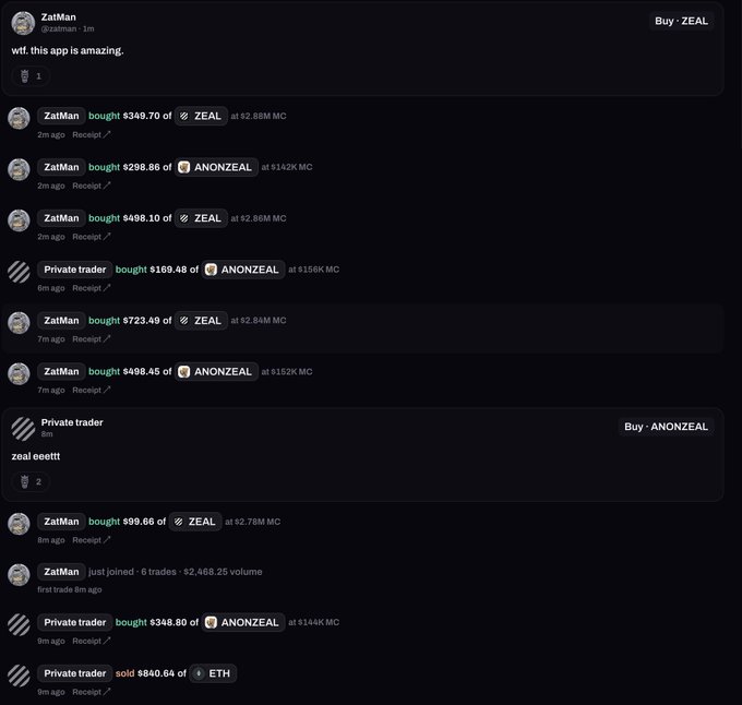 A trading chat feed showing user 'ZatMan' making multiple buy transactions of ZEAL and ANONZEAL tokens at various market caps.