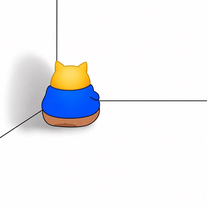 A simple cartoon shows a small yellow-headed figure in a blue shirt and brown lower half tucked into the corner of a room.