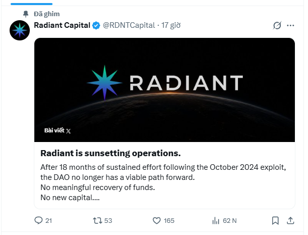 The image displays a post with a logo featuring a blue star set against black background, accompanied by text. The text includes information about "RADIAN" as a cryptocurrency and mentions the expiry of funds in October. The post also includes details about other cryptocurrencies such as " Crypto Baby shill lên tận mặt trăng Khá nhiều anh em ôm con $RDNT". This information is relevant to the post because it might discuss various cryptocurrency developments and provide insights into the current state of these digital assets.