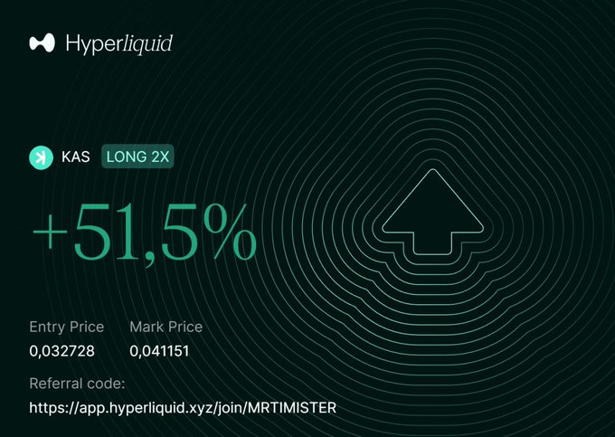 A Hyperliquid trading position card showing a 2x long on Kaspa (KAS) with a +51.5% gain, entry price 0.032728 and mark price 0.041151, including referral link "app.hyperliquid.xyz/join/MRTIMISTER." The image captures the chaotic excitement of stumbling onto a sudden breakout on the charts, with the trader urgently waking his dad to act quickly on the opportunity.