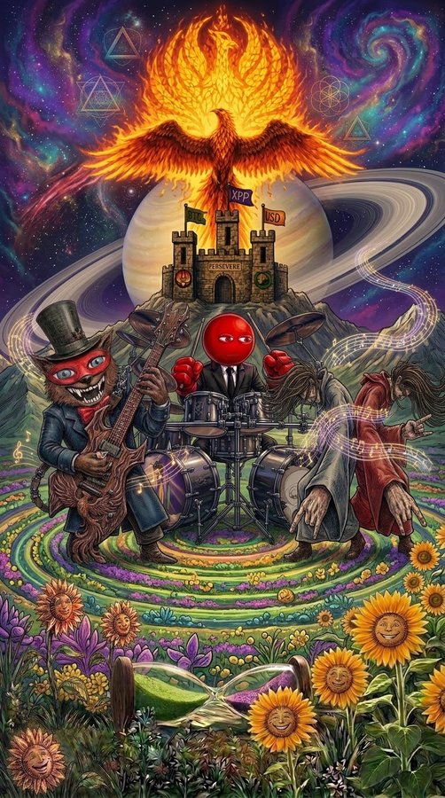 A vibrant psychedelic digital artwork featuring a phoenix rising above a castle, two masked figures playing instruments (guitar and drums) on a spiral patterned ground, surrounded by sunflowers with faces and an hourglass at the bottom.