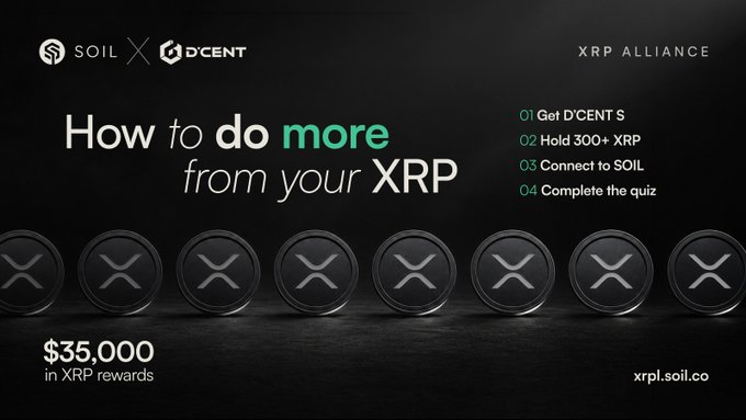 A promotional banner for "SOIL X D'CENT" explains "How to do more from your XRP" with steps to get D'CENT and earn $35,000 in XRP rewards at xrp.soil.co.