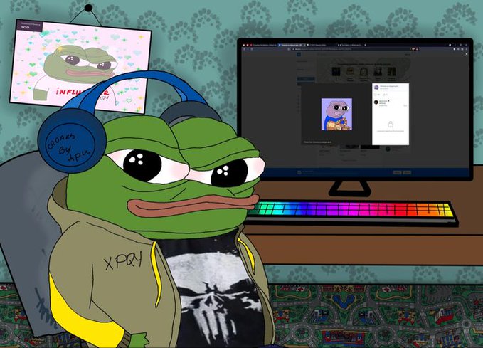 An illustration of a Pepe the Frog character wearing headphones and a hoodie, sitting at a gaming desk with an RGB keyboard and a monitor showing NFT artwork.