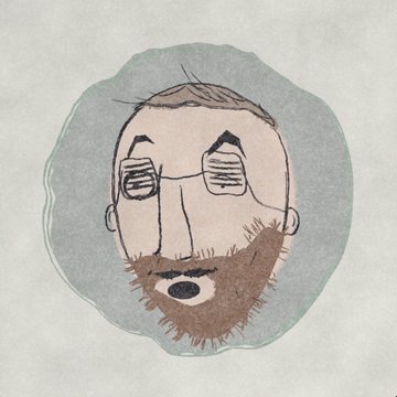 A simple cartoon-style drawing depicts a bald man with glasses and a beard against a muted green background.