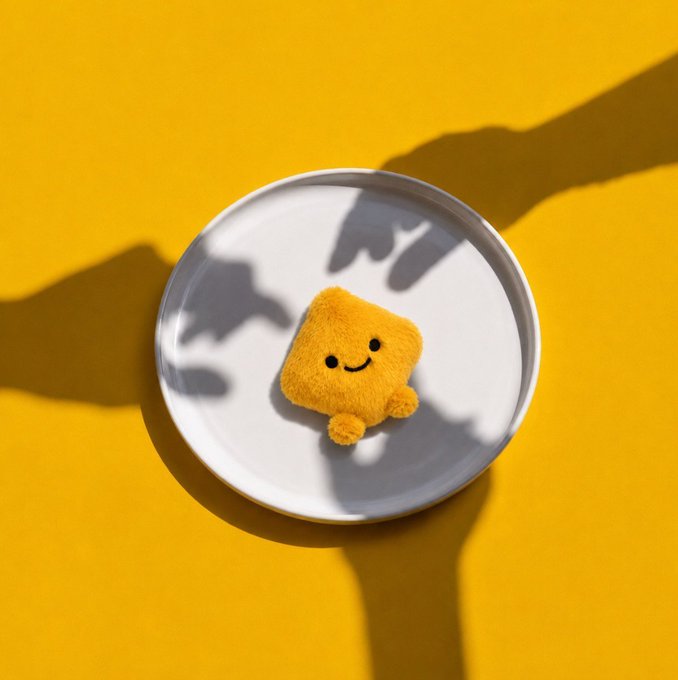 A fuzzy yellow smiling square plush toy sits on a white plate against a bright yellow background, with dramatic hand shadows reaching toward it from both sides. The image's playful, food-like presentation visually echoes the post's theme of asking about top-performing assets, playfully framing "bStocks" as something to be consumed or examined like a treat on a plate.
