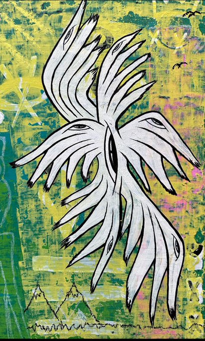 A painting of a white, abstract creature with multiple flowing tentacle-like limbs and several eyes, set against a textured yellow and green painted background.