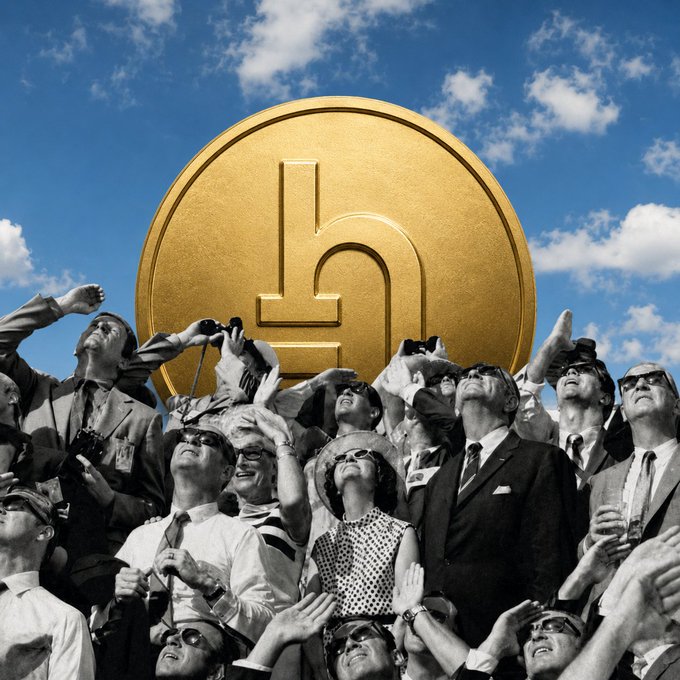 A black-and-white crowd photo of people looking up at the sky, overlaid with a large golden Bitcoin 'B' coin against a blue cloudy background.
