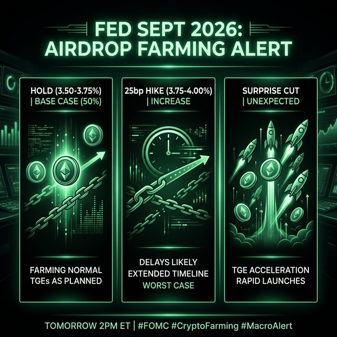 Crypto infographic titled "FED SEPT 2026: AIRDROP FARMING ALERT" outlining three scenarios—Hold at 3.50-3.75% (base case), 25bp hike (worst case with delays), and Surprise Cut (TGE acceleration)—scheduled for "TOMORROW 2PM ET" with hashtags #FOMC #CryptoFarming #MacroAlert.