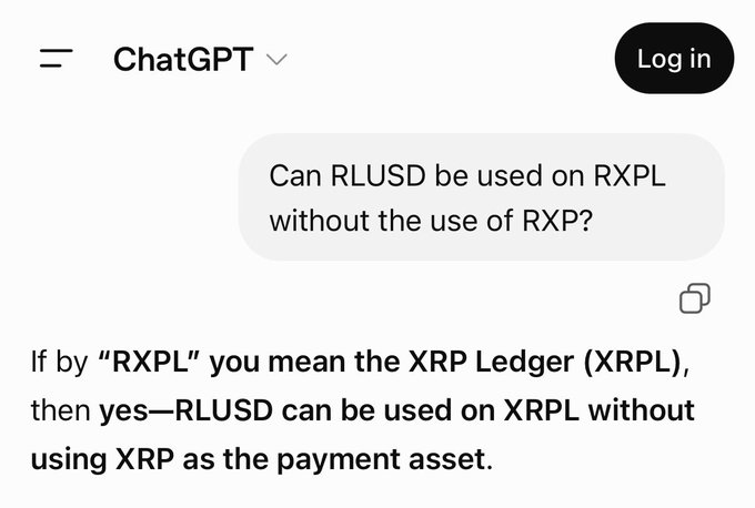 A screenshot of a ChatGPT conversation where a user asks 'Can RLUSD be used on RXPL without the use of RXP?' and the AI responds confirming it can be used on the XRP Ledger (XRPL) without XRP.