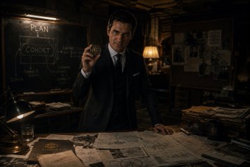 A cinematic still of a man in a suit holding a compass in a dimly lit room filled with maps and investigation materials, with a 'PLAN' board visible on the wall behind him.