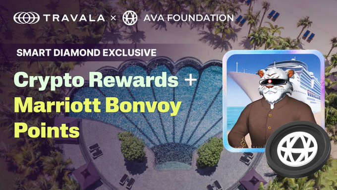 The image features a poster for a smart diamond exclusive event at a Marriott Bonvoy location, with an illustration of a man wearing sunglasses and a hat standing next to a mermaid shell. The poster also includes text promoting cryptocurrency rewards and hotel loyalty points.