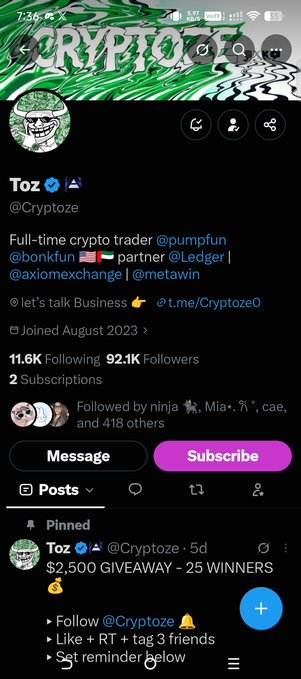 A mobile screenshot of a crypto-themed Twitter/X profile named 'Toz' (@Cryptozoe) describing themselves as a 'Full-time crypto trader', showing follower counts of 11.6K Following and 92.1K Followers, with a pinned $2,500 giveaway post.
