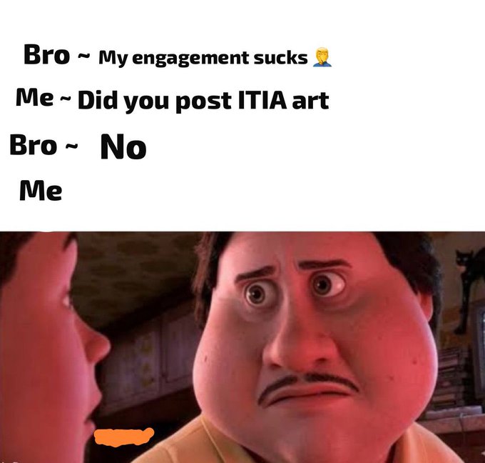 A cartoon character with a mustache and a red nose, wearing a yellow shirt, is shown with a text overlay expressing frustration about an engagement.