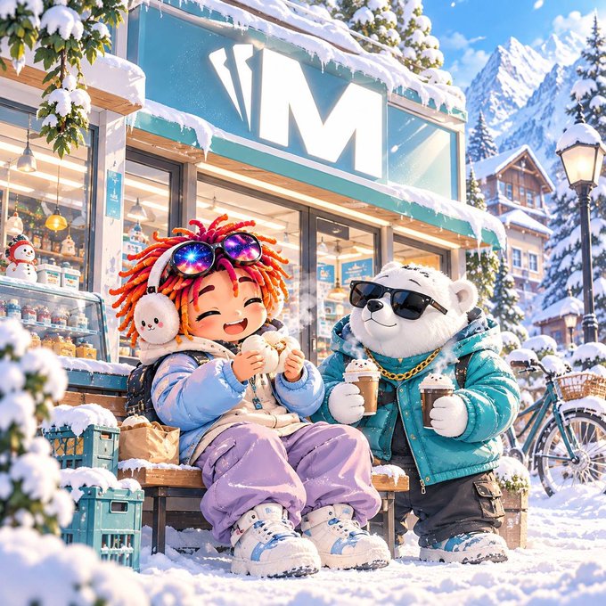 A vibrant animated illustration shows a colorful character with red dreadlocks and star-shaped sunglasses sitting next to a white bear wearing sunglasses and a teal jacket, both holding coffee cups in front of a snowy storefront labeled 'WM'.