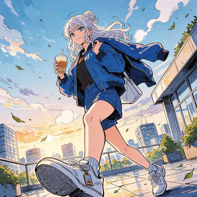Anime-style illustration of a silver-haired girl in a blue jacket and shorts holding an iced coffee while walking on a rooftop with a city skyline.
