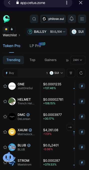A mobile screenshot of app.cetus.zone displaying trending tokens on the SUI blockchain, including ONE (+137.46%), HELMET (+108.15%), DMC, XAUM, BLUB, and STROM (+379.53%).