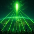 A silhouetted crowd cheers as vibrant green laser beams shoot upward from a stage bathed in emerald light. The image's dominant green hue and upward-laser effect visually echo the post's theme of Bitcoin's relentless price appreciation, symbolizing the "laser eyes" meme associated with crypto optimism and the chart "keeps rising with compound returns."