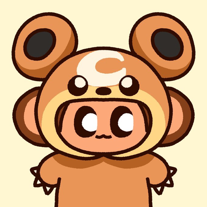 A cute cartoon illustration of a small character wearing a brown bear or mouse costume with large round ears and a white swirl design on the forehead, set against a cream background.