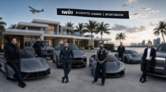 Promotional banner for '1win #1 CRYPTO CASINO | SPORTSBOOK' featuring men in suits posing with luxury cars in front of a modern mansion and palm trees.