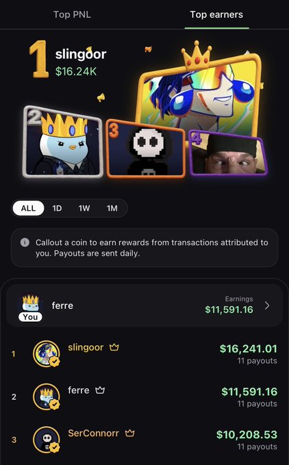 The image shows the "Top earners" leaderboard on PumpFun, with the user "ferre" ranked #2 with $11,591.16 in earnings across 11 payouts, just behind "slingoor" at $16,241.01. This visually supports the post's claim about being ranked #2 and having earned over $10K, showing the callout rewards system that pays out daily based on engagement metrics.