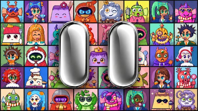 Two large metallic zeros are superimposed over a colorful grid of cartoon NFT character avatars, visually reinforcing the "zero-code, zero-image" NFT collection concept being built on the XOOX platform.