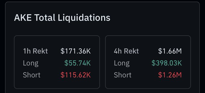 Dark-themed dashboard showing 'AKE Total Liquidations' with 1h and 4h data: 1h Rekt $171.36K, 4h Rekt $1.66M, broken down by Long and Short positions.
