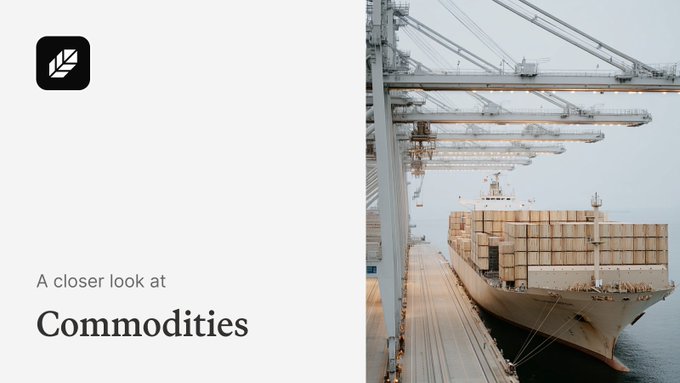 A cargo ship loaded with containers at port, juxtaposed with the text "A closer look at Commodities" and a small logo. The image of physical goods being shipped visually reinforces the post's theme about verifying ownership of physical commodities like gold, highlighting how onchain attestation can prevent fraud where banks lent against gold that turned out to be gilded copper.