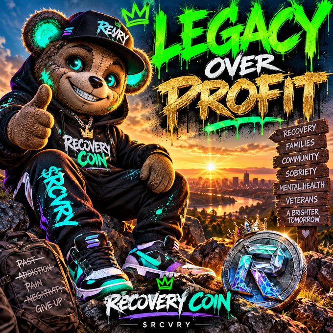 A colorful advertisement for 'RECOVERY COIN' features a teddy bear character in streetwear with text including 'LEGACY OVER PROFIT' and 'SRCVRY'.